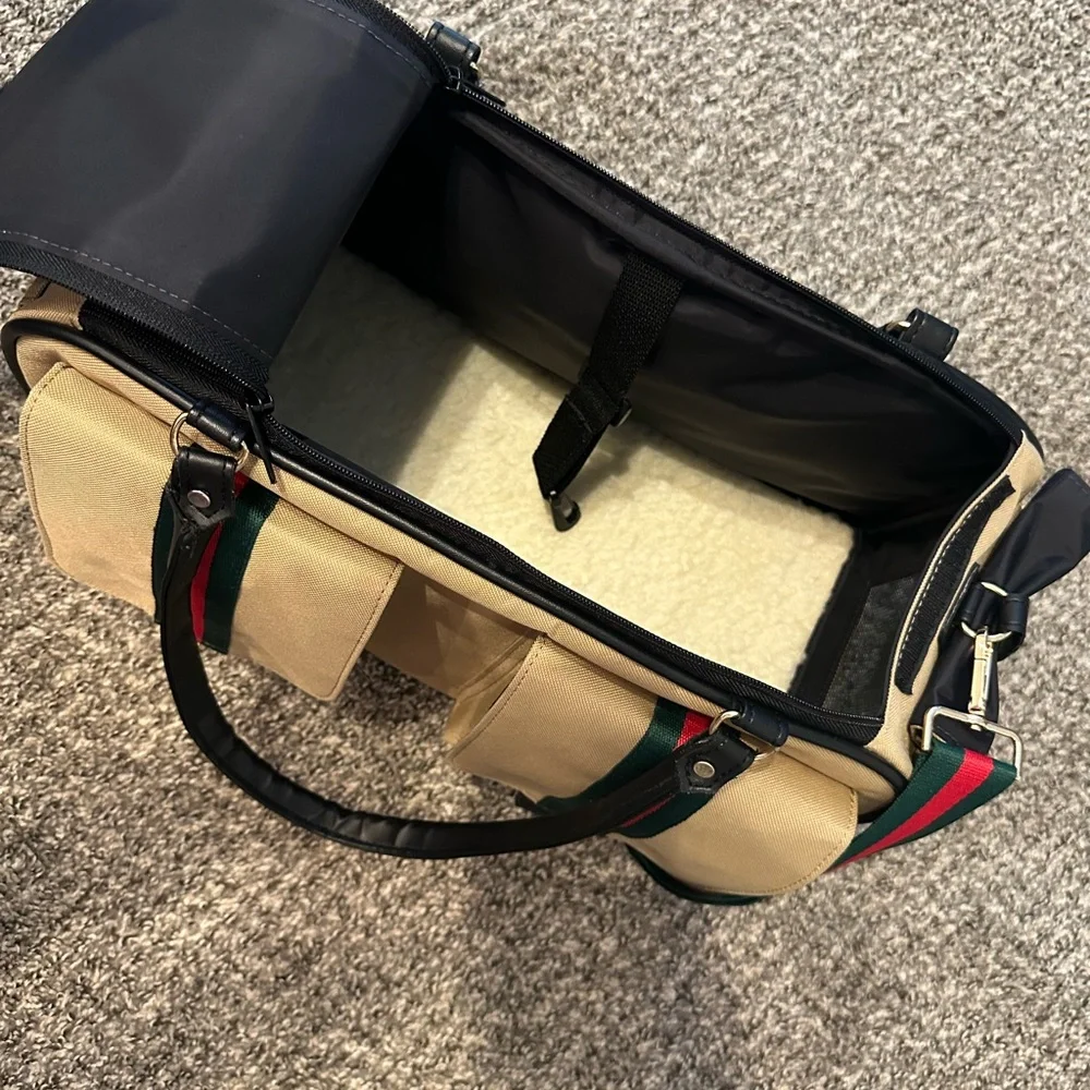 Tan Pet carrier bag with Striped Accents.